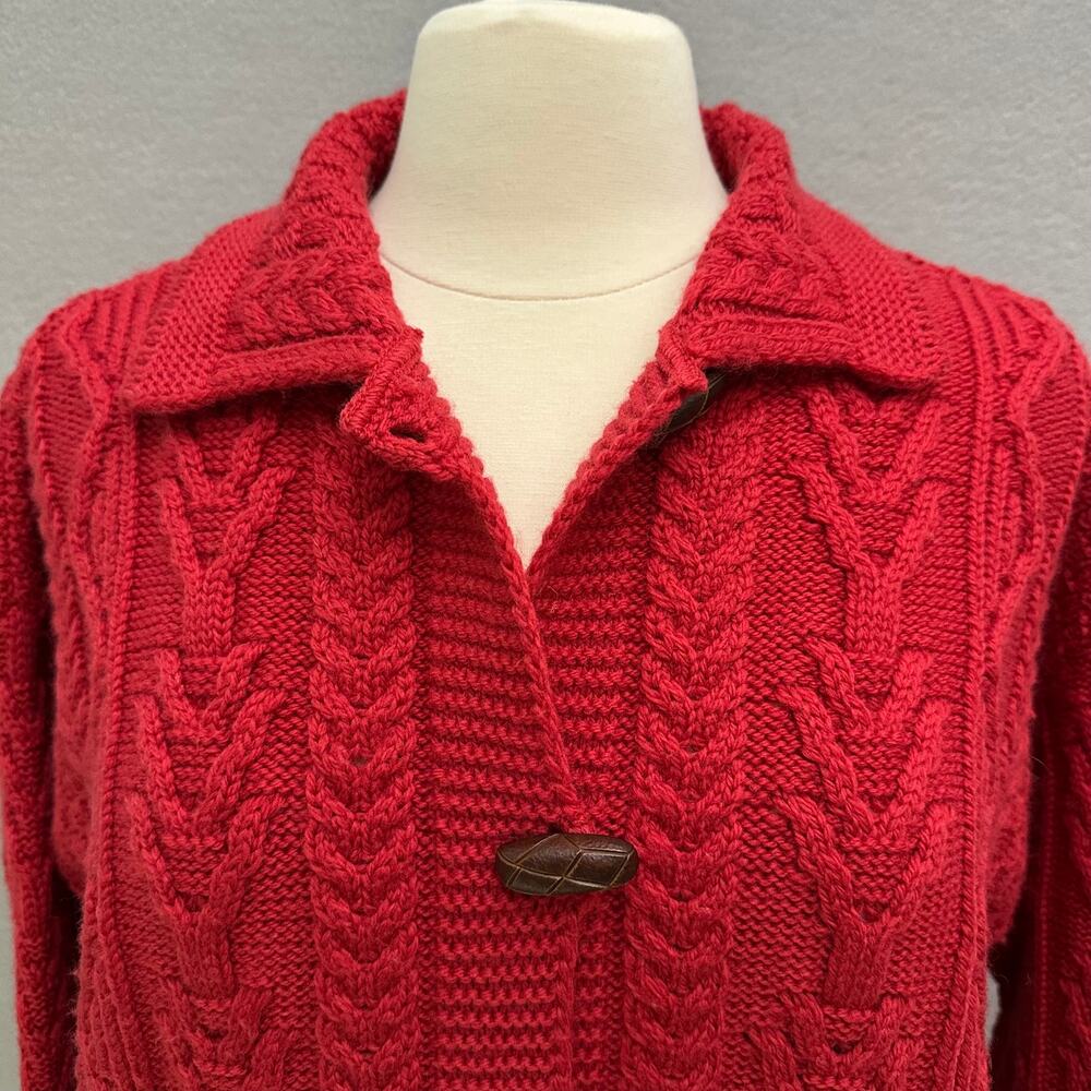 Aran Crafts Ireland Red Wool Fisherman Cardigan Long Sweater Toggle Front Medium - Picture 3 of 14
